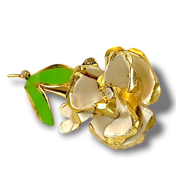 Vintage Brooch Pin Flower White Enamel Faux Diamond Center Gold Tone Mid Century - Picture 5 of 6